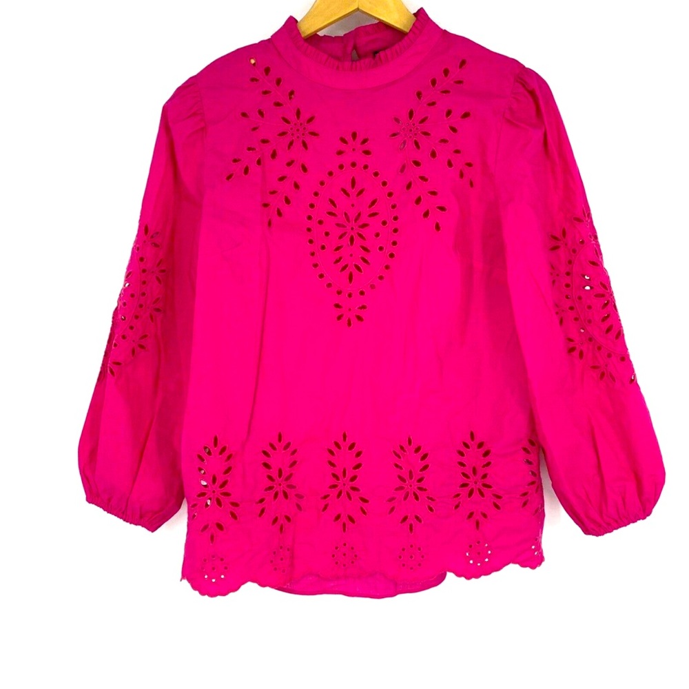 J. Crew Hot Pink Eyelet Long Sleeve Blouse